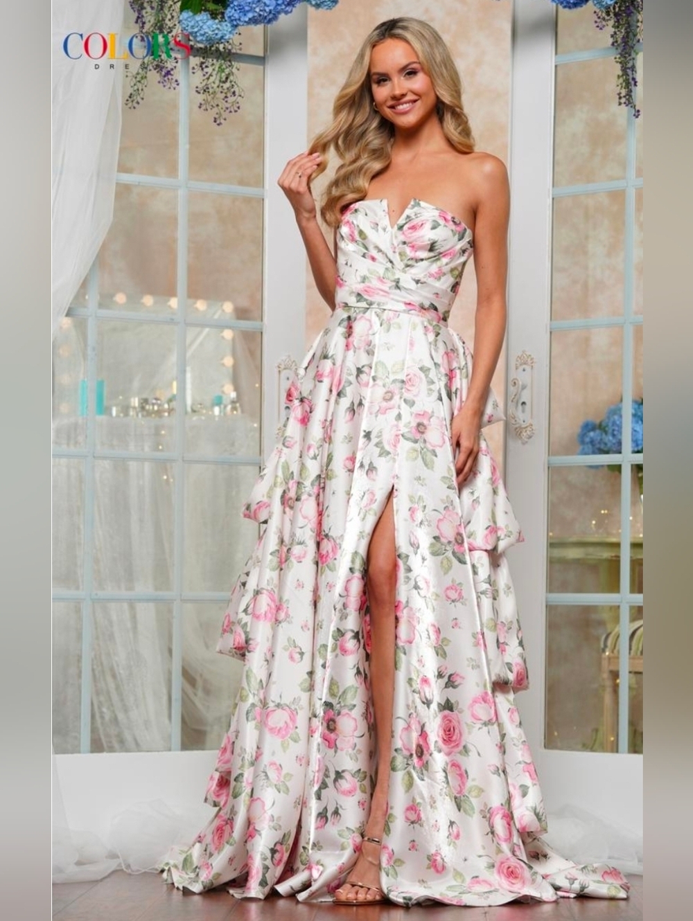 Colors NWT Strapless Pink Floral Mikado Shimmer Layered Dress Size 8 #3608